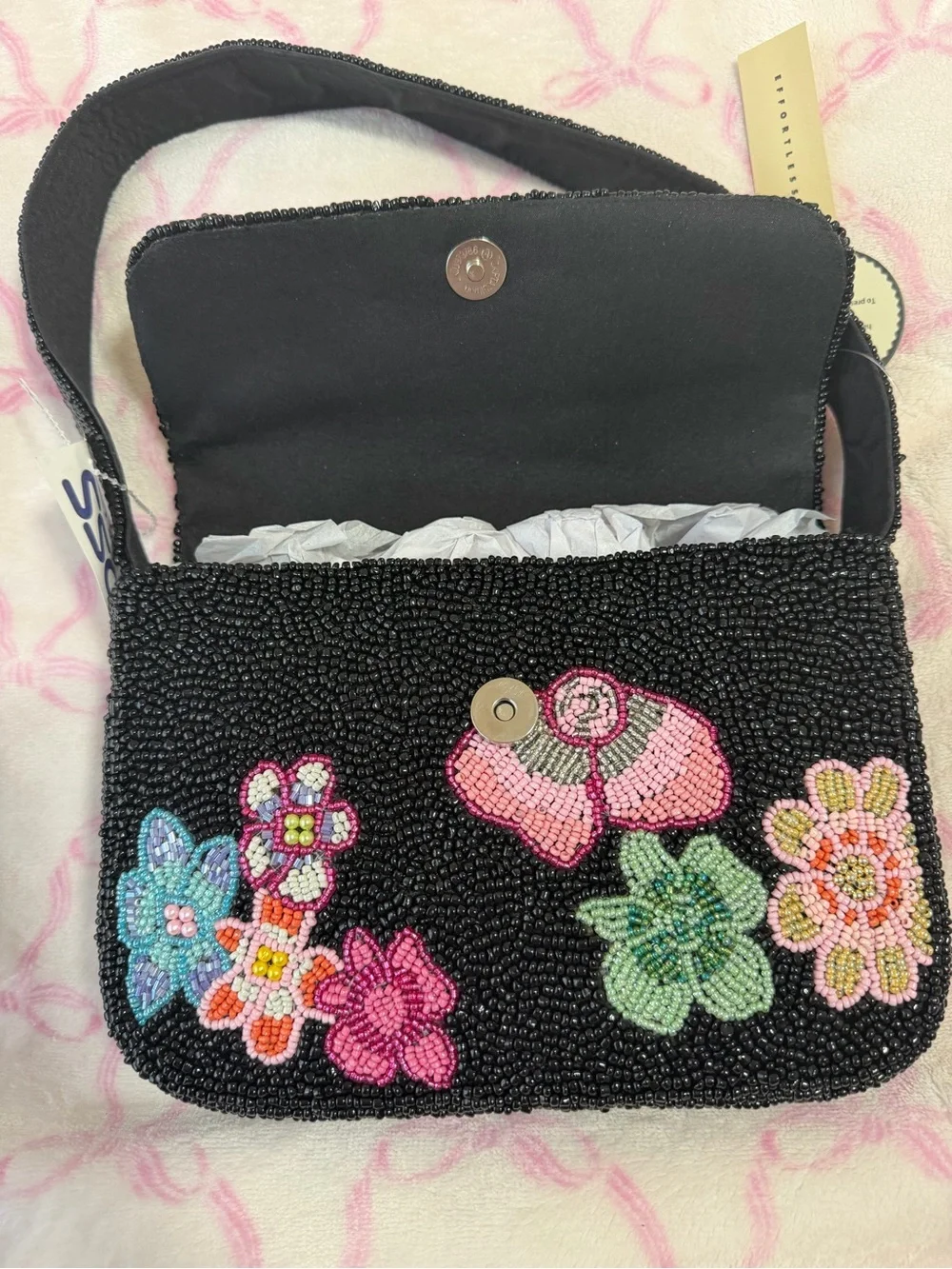 Beaded Floral Shoulder Bag - Black with Pink & Multicolor Flowers - Picture 5 of 6